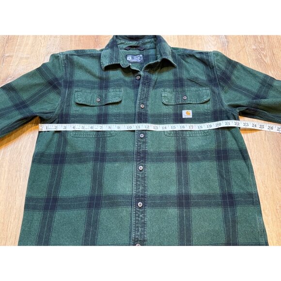Carhartt Mens Loose Fit Plaid Green Flannel Shirt Heavyweight Cotton Medium - Picture 6 of 8